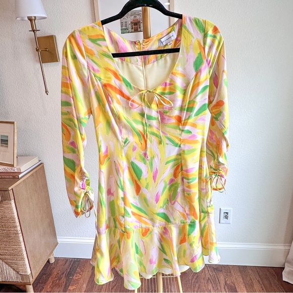 Lost + Wander Vibrant Retro Floral Watercolor Long Sleeve Mini Dress- Size S - Picture 3 of 6